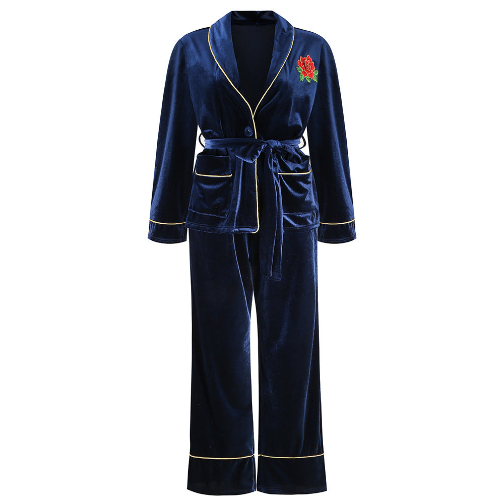 Korean Velvet Rose Embroidered Gold Pocket Home Suit Blouse Trousers Pajamas Woman - FITzzE