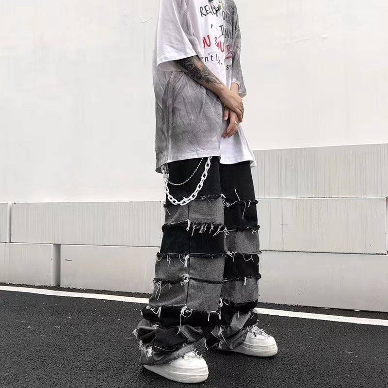 Tassel patchwork jeans men's pants American armband style gradient pants high street ins trendy beggar pants - FITzzE