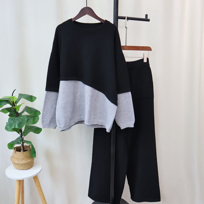 Color Block Knitted Sweater & Wide Leg Pants Set – Cozy Two-Piece Autumn Winter Outfit for Women eprolo