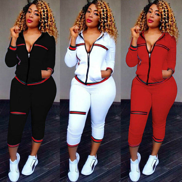 Autumn Women's Sportswear 2pcs Women's Hooded Long Sleeve Zip Crop Tops Long Pants Trousers Loose Casual Clothes Set - FITzzE