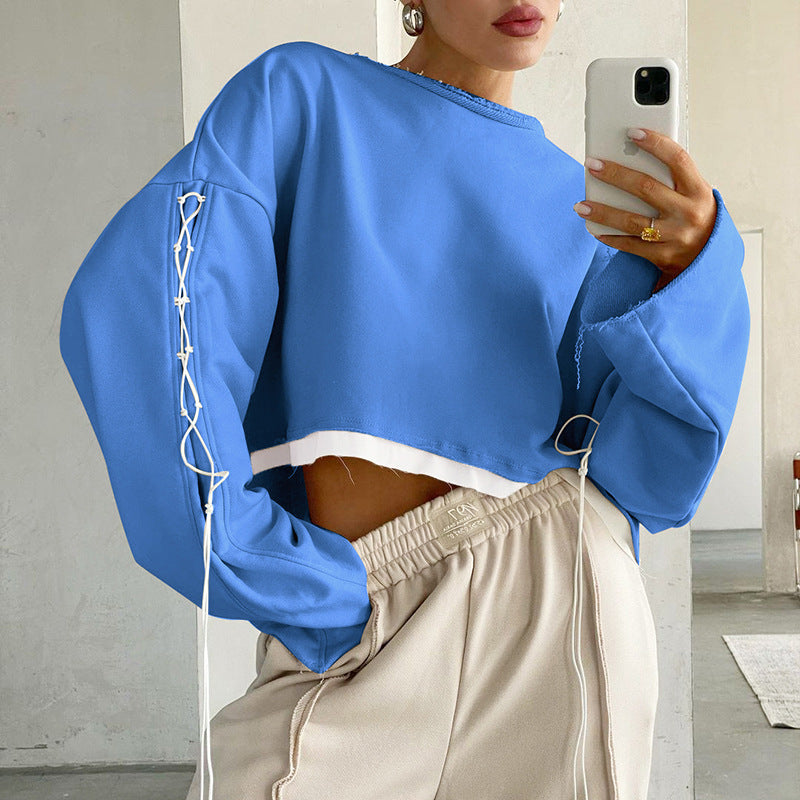 New Autumn Tops Personality Trend Contrast Color Straps Casual Loose Short Style Cropped Sweater Women - FITzzE