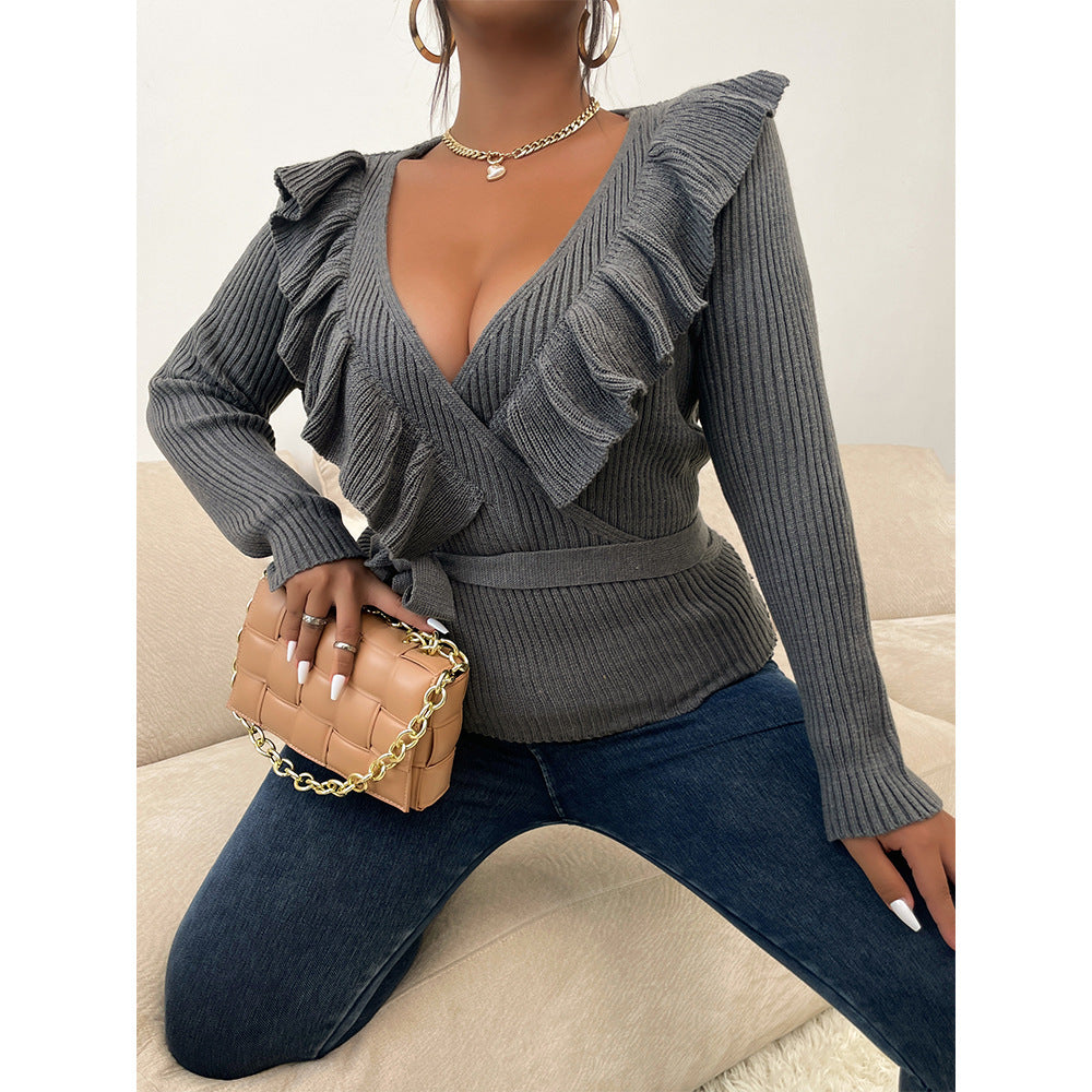 Autumn And Winter New Large Size V-Neck Solid Color Knitted Sweater Fashion Loose Sweater Women - FITzzE