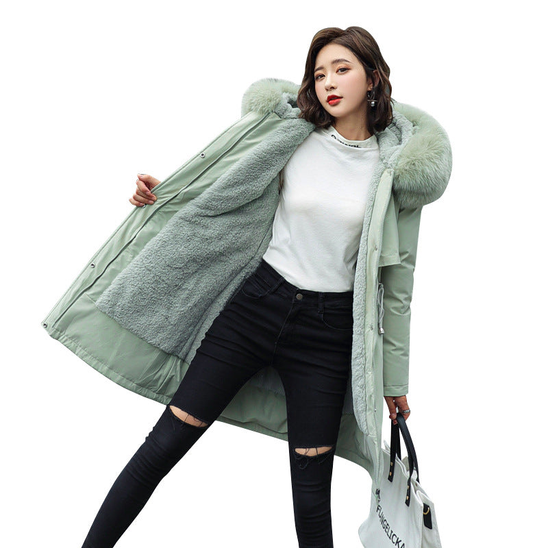 Korean version of long and medium length big fur collar with fleece jacket cotton jacket for women's fashion - FITzzE