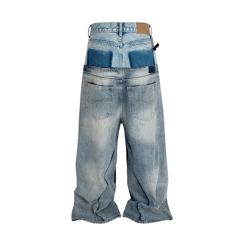 American High Street Design Double Layer Spliced Baggy Denim Trousers Loose Wide Leg Straight Jeans for Men - FITzzE