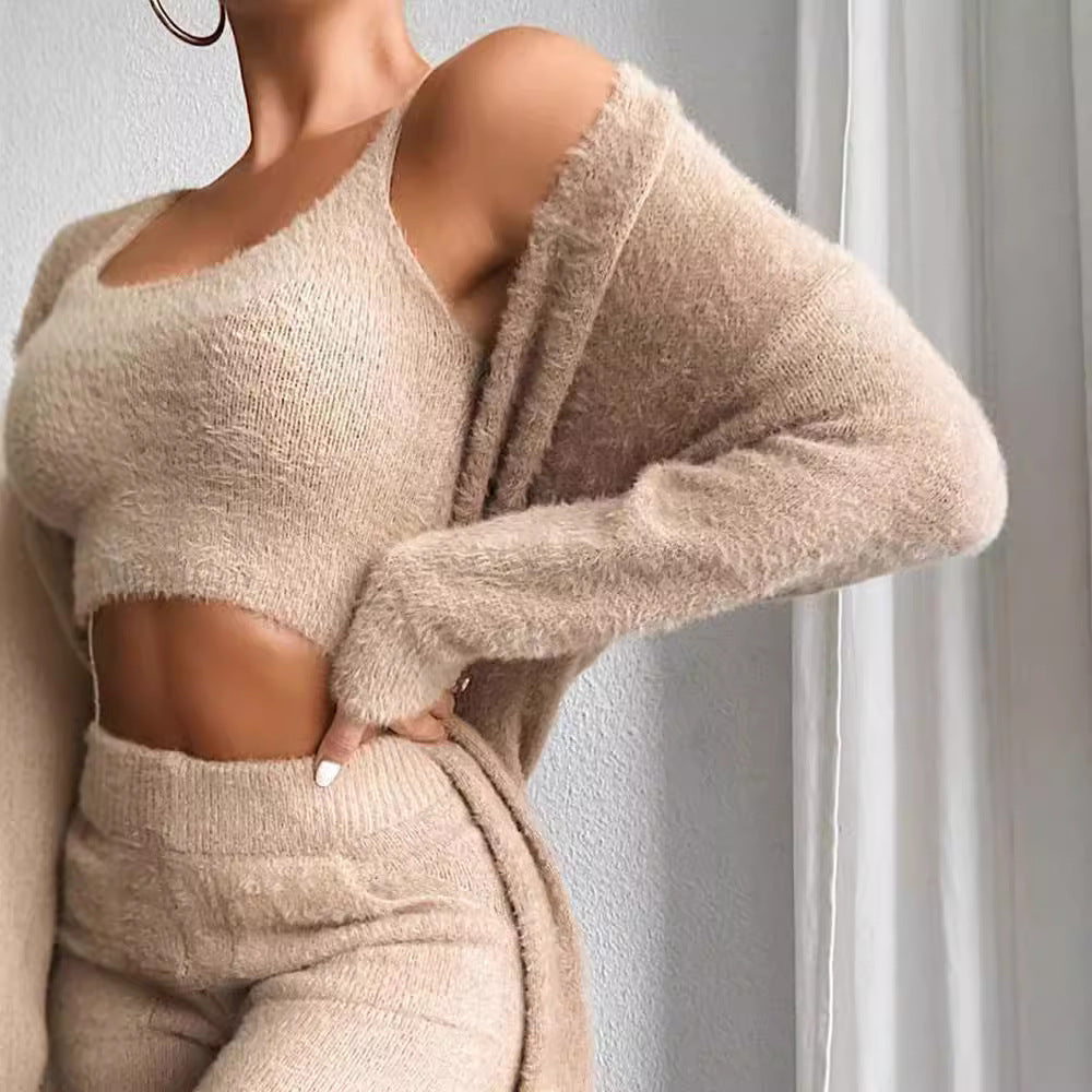 Autumn And Winter Knitted Plush Comfortable Women's Suit Sexy V-neck Short Crop Top Cardigan Sweater Trousers Three-piece Set - FITzzE