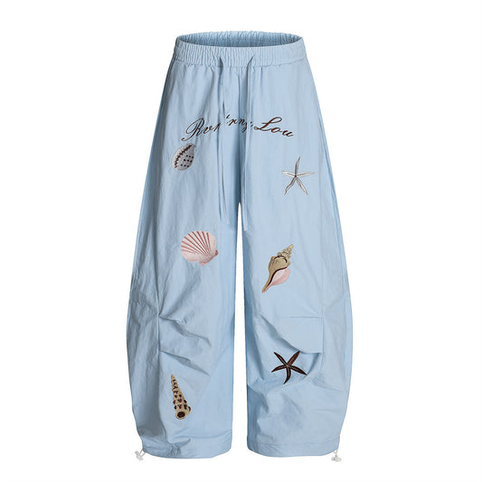 Wide-Leg Scissors Casual Pants with Pleated Design, Fun Conch Shell Embroidery, Loose-Fit Long Trousers for Men - FITzzE