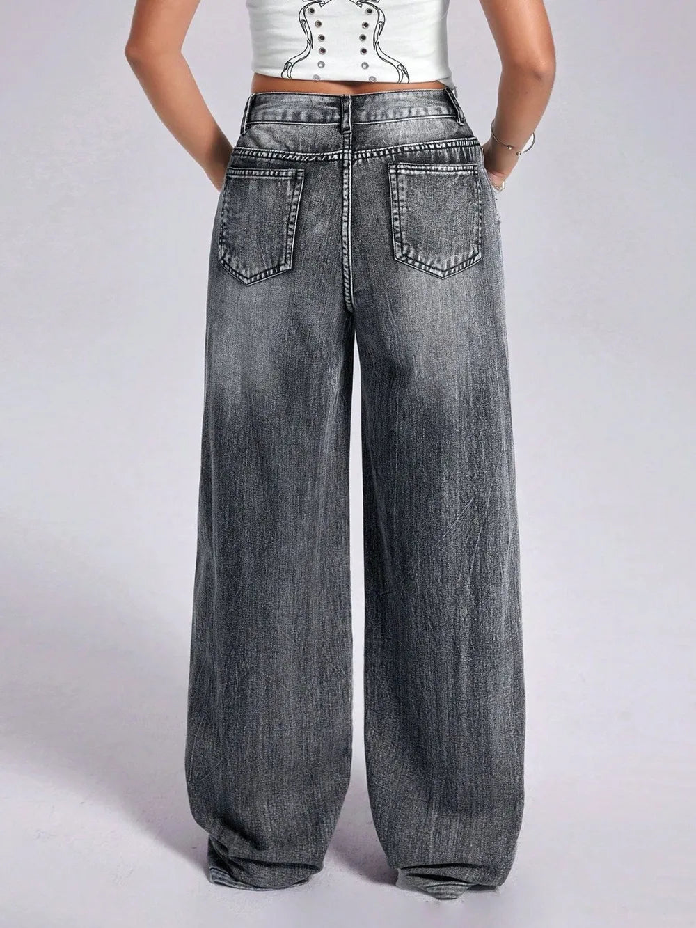 Cross Wide Leg Jeans with Pockets – Trendy High-Waist Loose Fit Denim for a Chic Street Style Look eprolo
