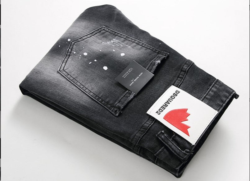 Black and gray paint with torn holes wild zipper decoration personalized new jeans for men - FITzzE