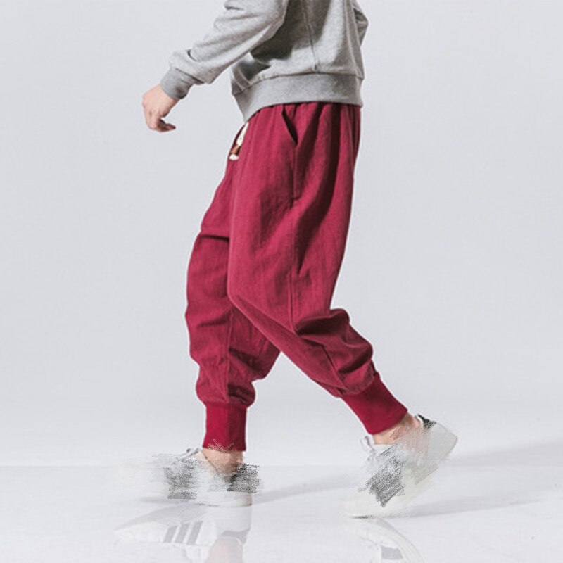 Cotton Pants Men Solid Elastic Waist Streetwear Joggers New Baggy Drop-crotch Pants Casual Trousers Men - FITzzE