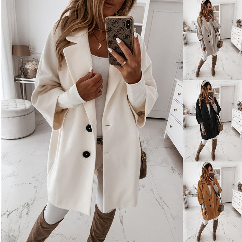 New Autumn And Winter Three Quarter Sleeve Button Lapel Pocket Woolen Coat Women - FITzzE
