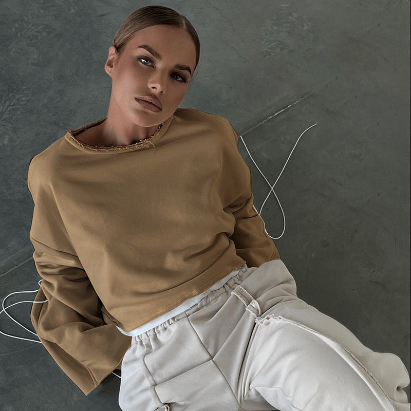 New Autumn Tops Personality Trend Contrast Color Straps Casual Loose Short Style Cropped Sweater Women - FITzzE