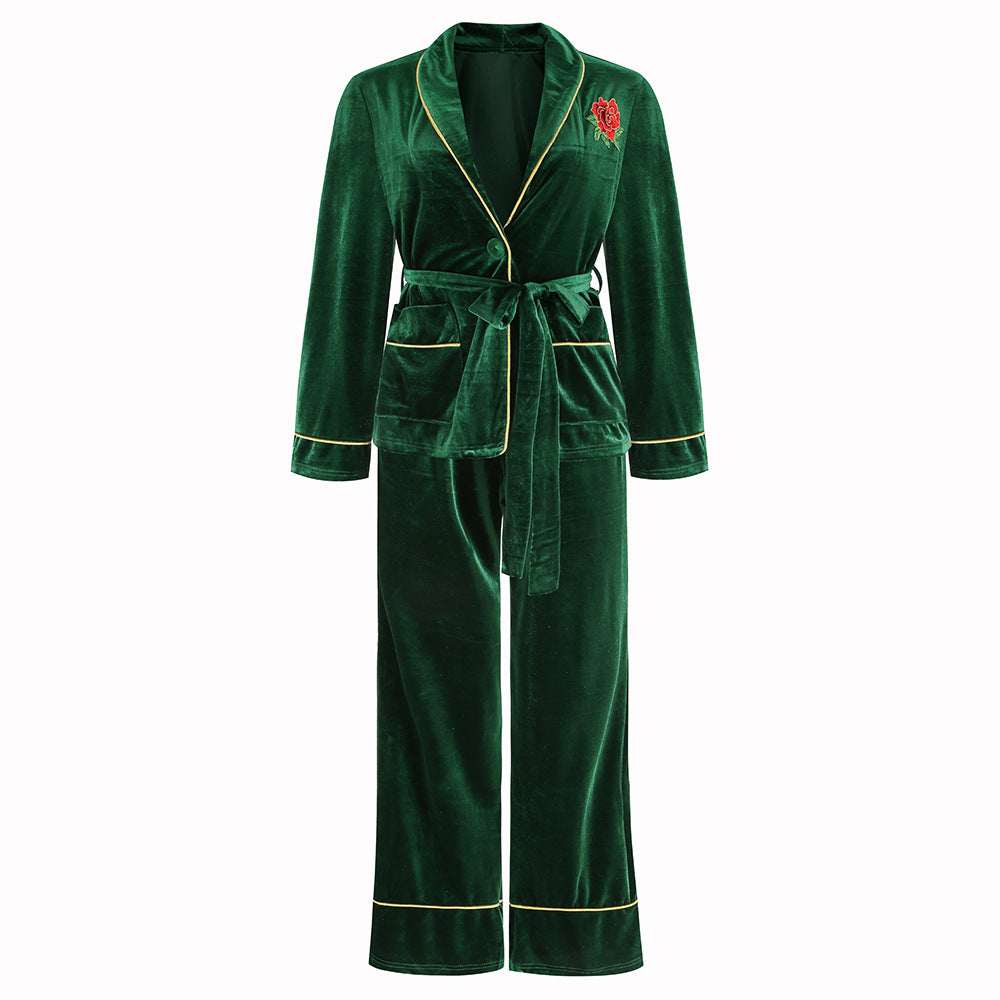 Korean Velvet Rose Embroidered Gold Pocket Home Suit Blouse Trousers Pajamas Woman - FITzzE