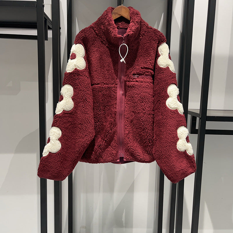 Autumn and Winter Puff Flower Patch Embroidery Half High Collar Zipper Shake Fleece Teddy Coat - FITzzE