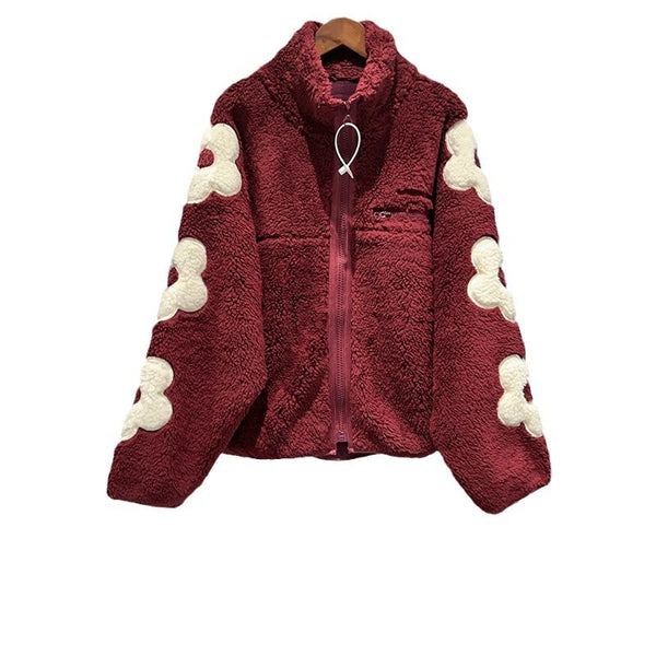 Autumn and Winter Puff Flower Patch Embroidery Half High Collar Zipper Shake Fleece Teddy Coat - FITzzE
