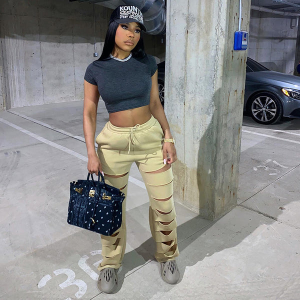 Autumn New High Waist Pants with Broken Holes Casual Loose Tight Waist Wide Leg Pants - FITzzE