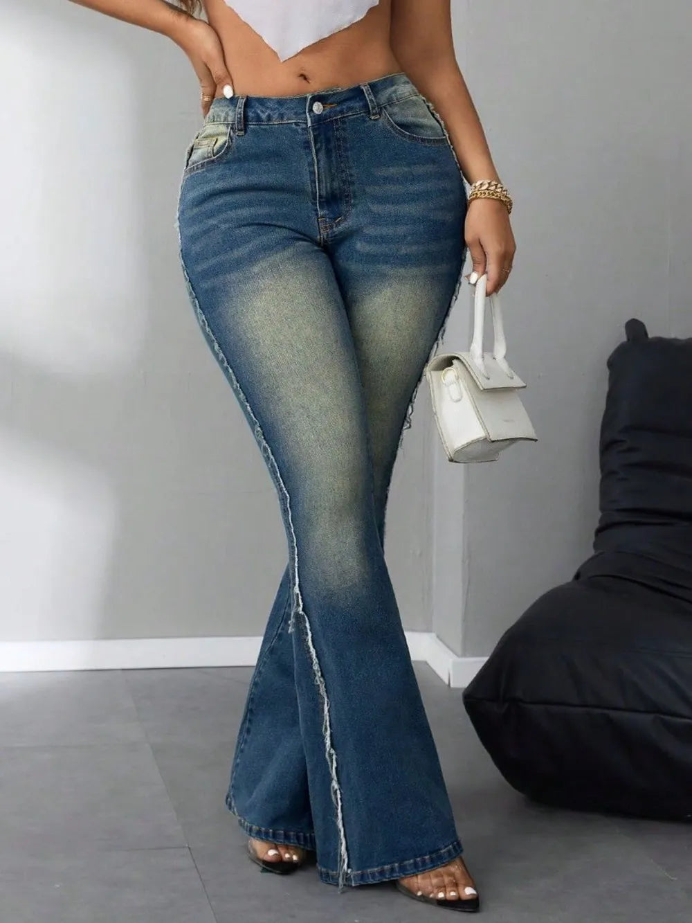 Side Raw Hem Flare Jeans – Trendy High-Waist Denim with Vintage Street Style for Women eprolo