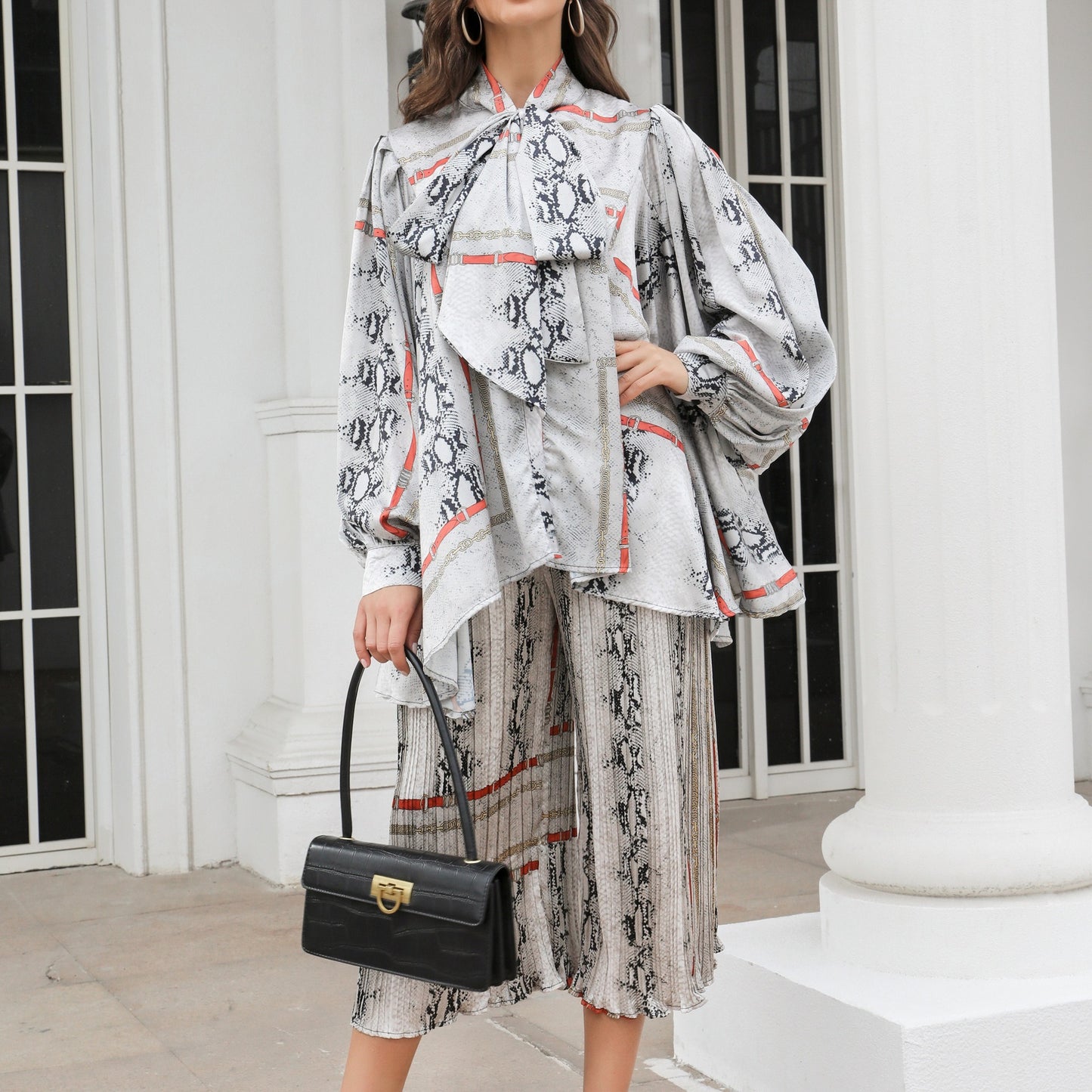 Silhouette cut lantern sleeves butterfly tie flowy belted printed trousers suit - FITzzE