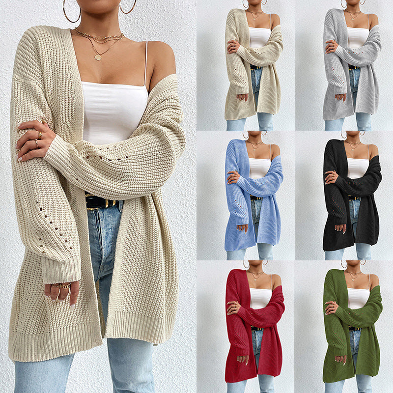 Fashion Autumn Winter Loose Mid Length V Neck Solid Color Warming Thickening Women's Sweater - FITzzE