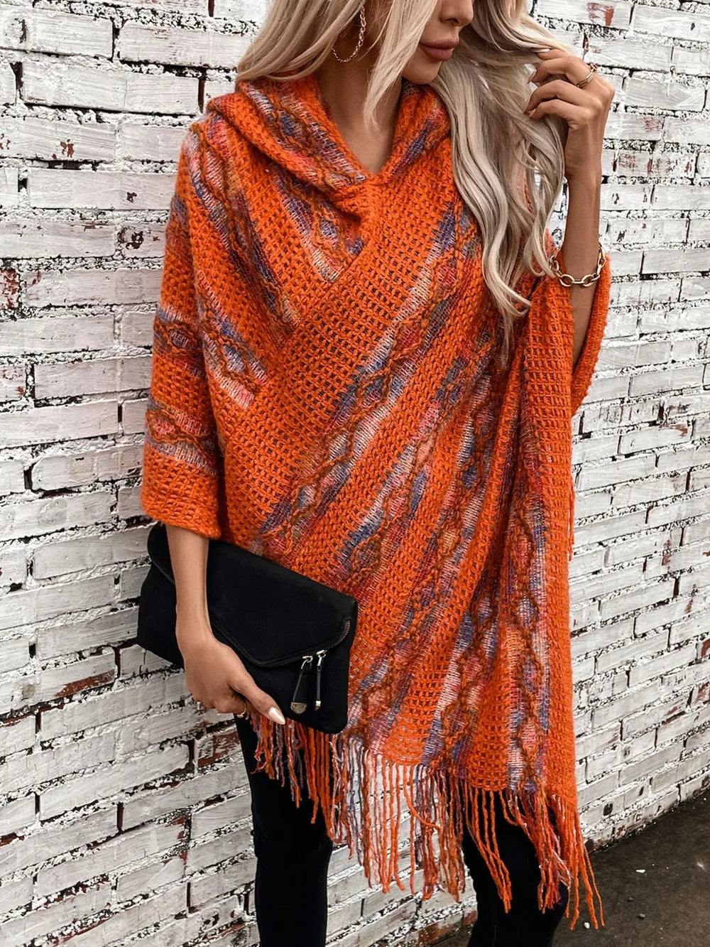 Fringe Contrast Hooded Poncho -Cozy and Stylish Outerwear with Boho Flair - FITzzE rghbeu-b4.myshopify.com Fringe Contrast Hooded Poncho -Cozy and Stylish Outerwear with Boho Flair
