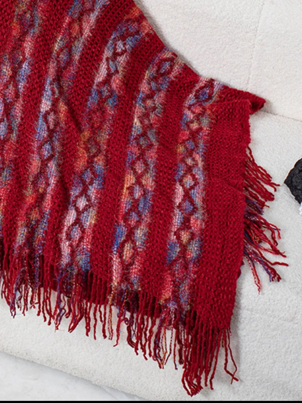 Fringe Contrast Hooded Poncho -Cozy and Stylish Outerwear with Boho Flair - FITzzE rghbeu-b4.myshopify.com Fringe Contrast Hooded Poncho -Cozy and Stylish Outerwear with Boho Flair