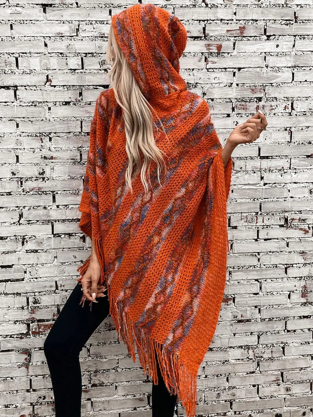 Fringe Contrast Hooded Poncho -Cozy and Stylish Outerwear with Boho Flair - FITzzE rghbeu-b4.myshopify.com Fringe Contrast Hooded Poncho -Cozy and Stylish Outerwear with Boho Flair