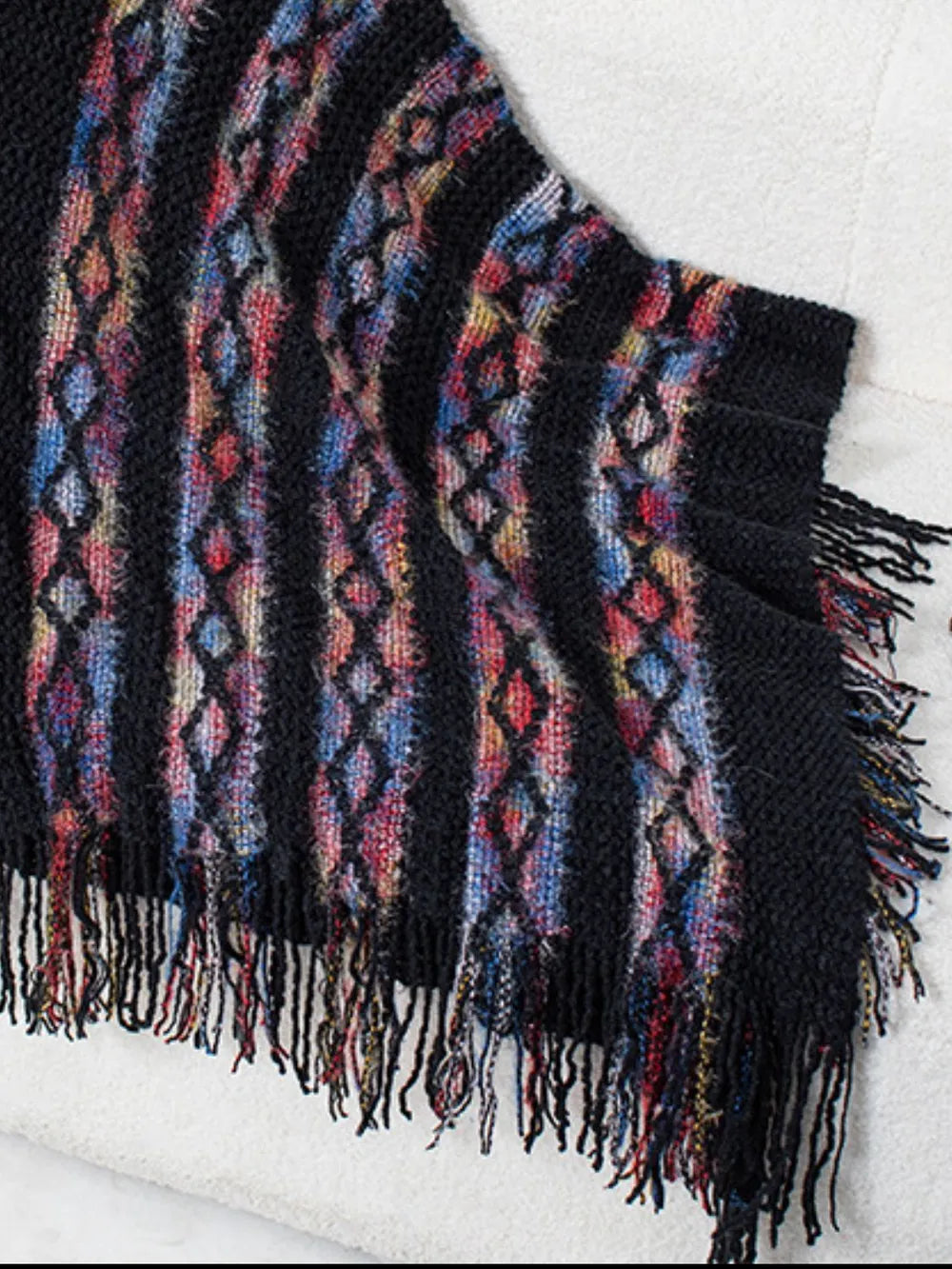 Fringe Contrast Hooded Poncho -Cozy and Stylish Outerwear with Boho Flair - FITzzE rghbeu-b4.myshopify.com Fringe Contrast Hooded Poncho -Cozy and Stylish Outerwear with Boho Flair