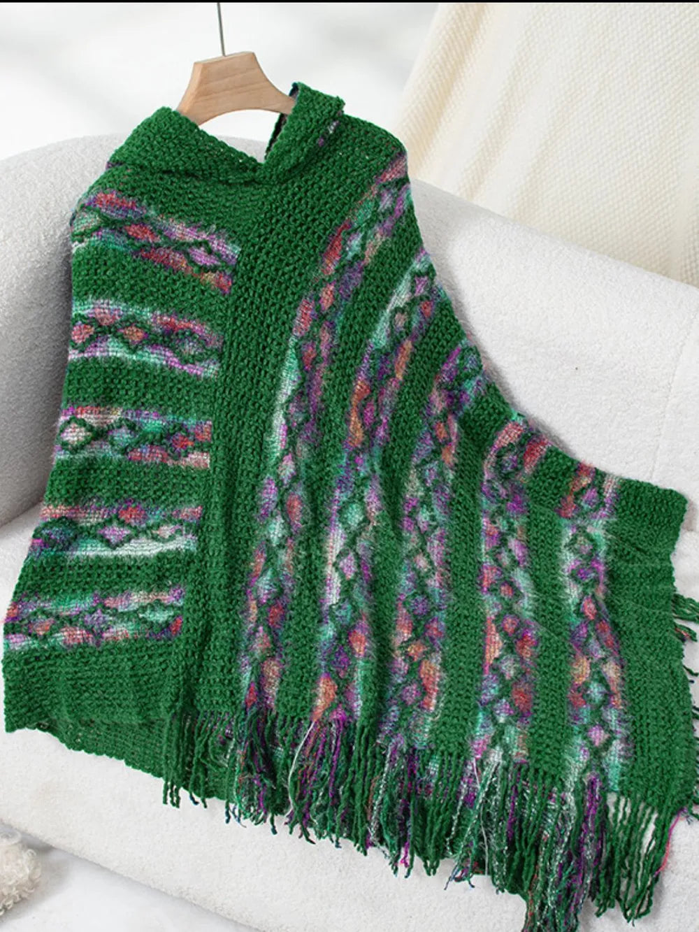 Fringe Contrast Hooded Poncho -Cozy and Stylish Outerwear with Boho Flair - FITzzE rghbeu-b4.myshopify.com Fringe Contrast Hooded Poncho -Cozy and Stylish Outerwear with Boho Flair