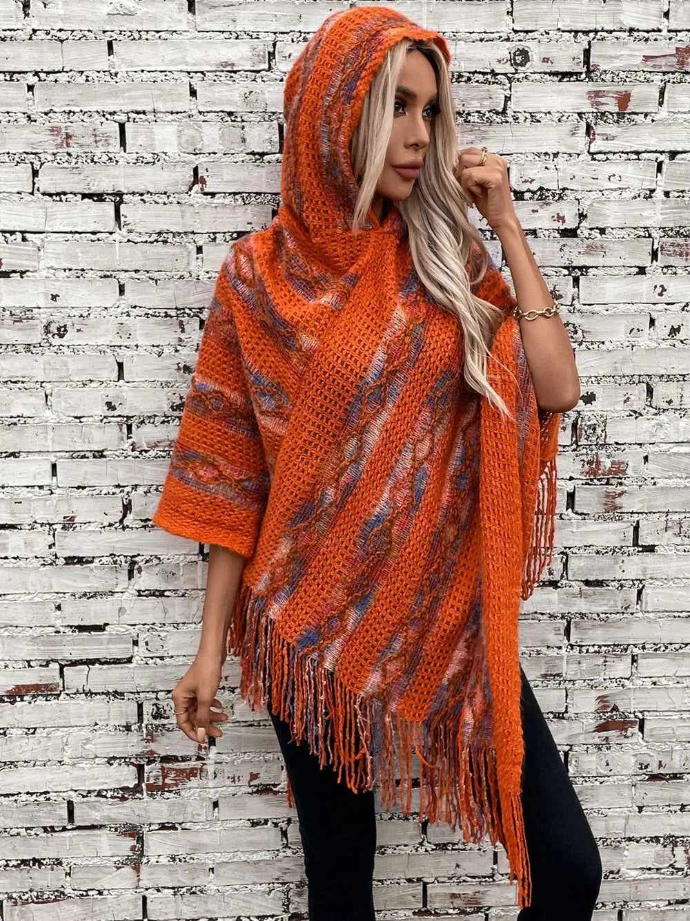 Fringe Contrast Hooded Poncho -Cozy and Stylish Outerwear with Boho Flair - FITzzE rghbeu-b4.myshopify.com Fringe Contrast Hooded Poncho -Cozy and Stylish Outerwear with Boho Flair