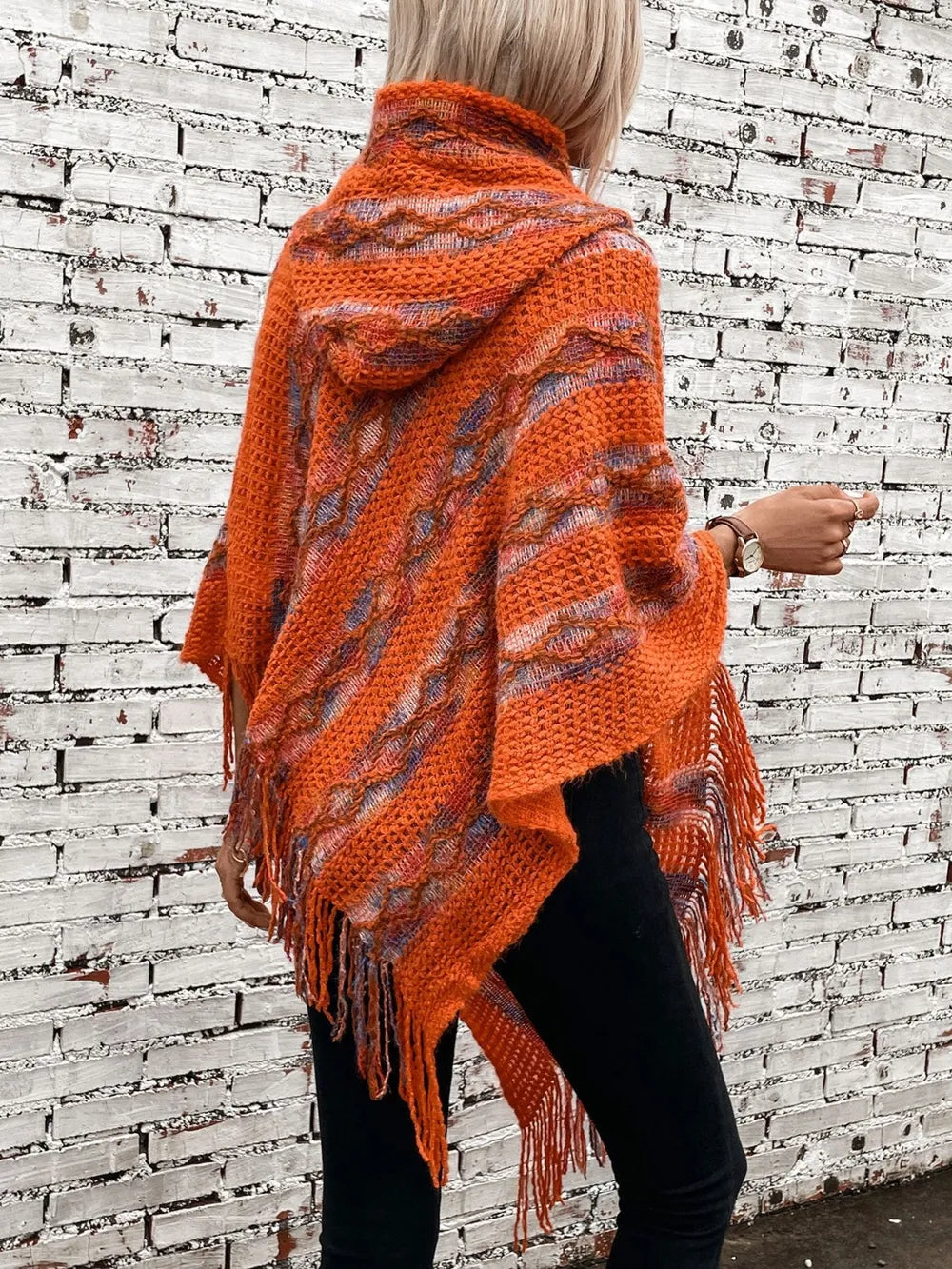 Fringe Contrast Hooded Poncho -Cozy and Stylish Outerwear with Boho Flair - FITzzE rghbeu-b4.myshopify.com Fringe Contrast Hooded Poncho -Cozy and Stylish Outerwear with Boho Flair