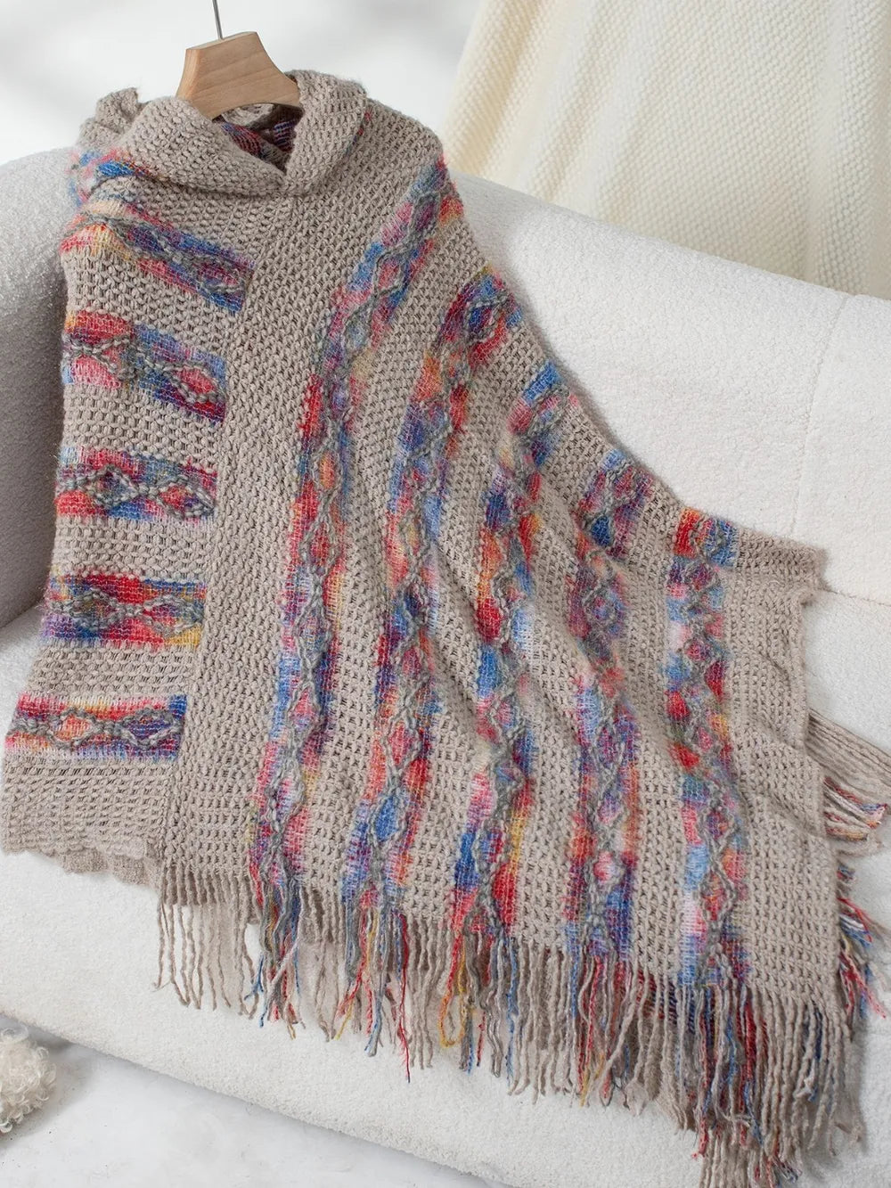 Fringe Contrast Hooded Poncho -Cozy and Stylish Outerwear with Boho Flair - FITzzE rghbeu-b4.myshopify.com Fringe Contrast Hooded Poncho -Cozy and Stylish Outerwear with Boho Flair