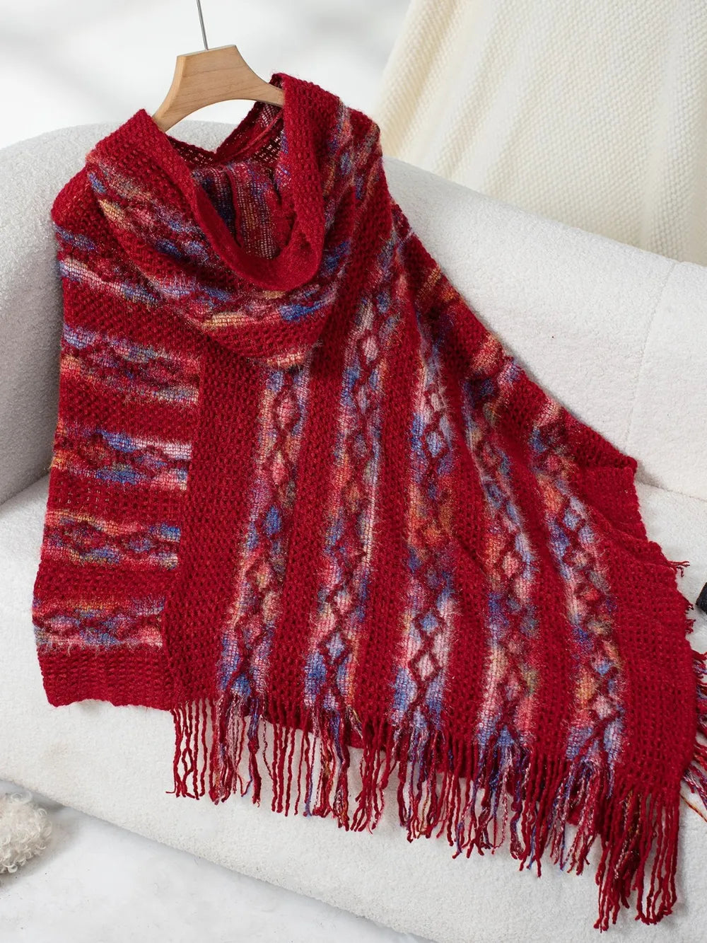 Fringe Contrast Hooded Poncho -Cozy and Stylish Outerwear with Boho Flair - FITzzE rghbeu-b4.myshopify.com Fringe Contrast Hooded Poncho -Cozy and Stylish Outerwear with Boho Flair