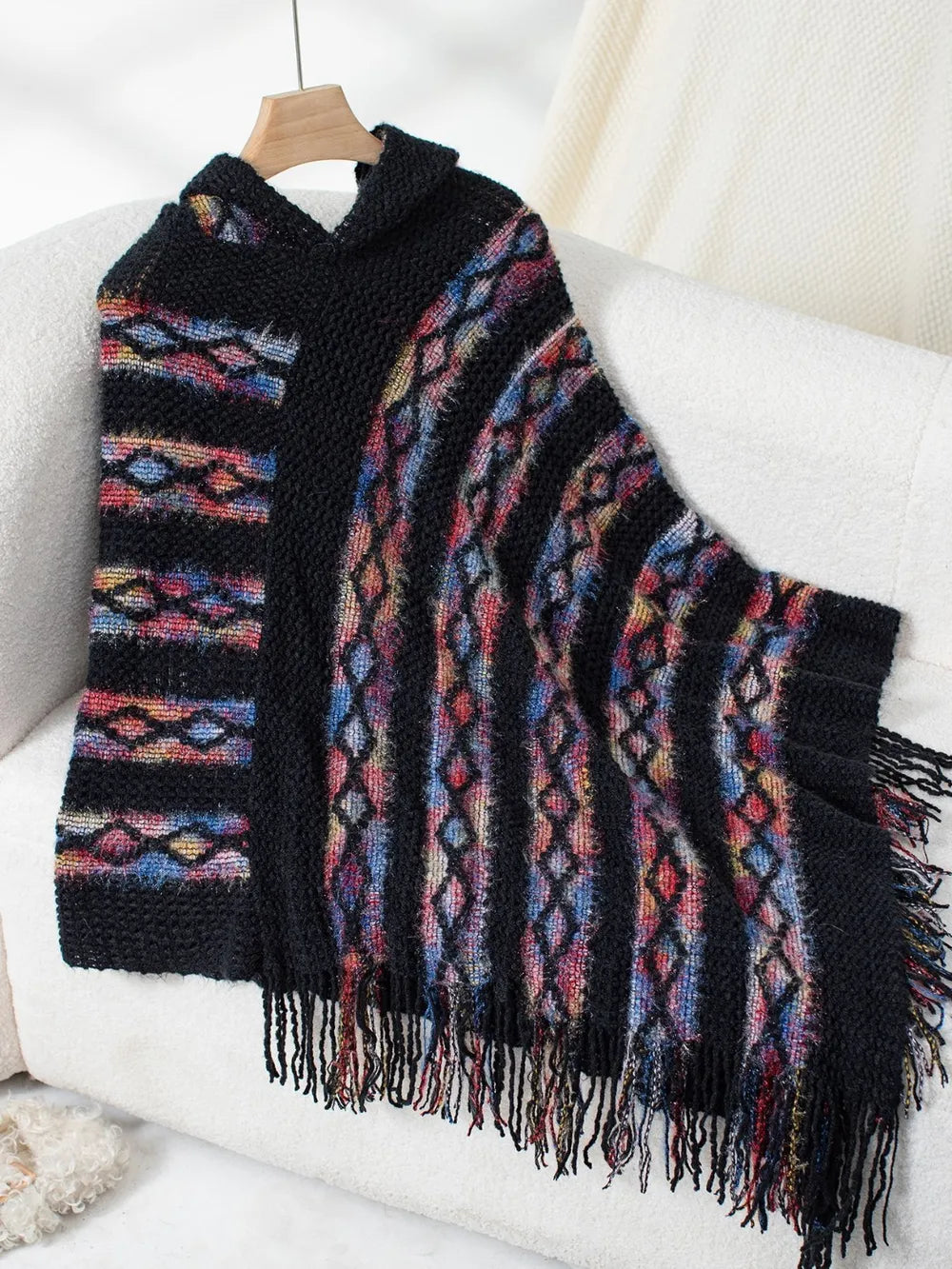 Fringe Contrast Hooded Poncho -Cozy and Stylish Outerwear with Boho Flair - FITzzE rghbeu-b4.myshopify.com Fringe Contrast Hooded Poncho -Cozy and Stylish Outerwear with Boho Flair