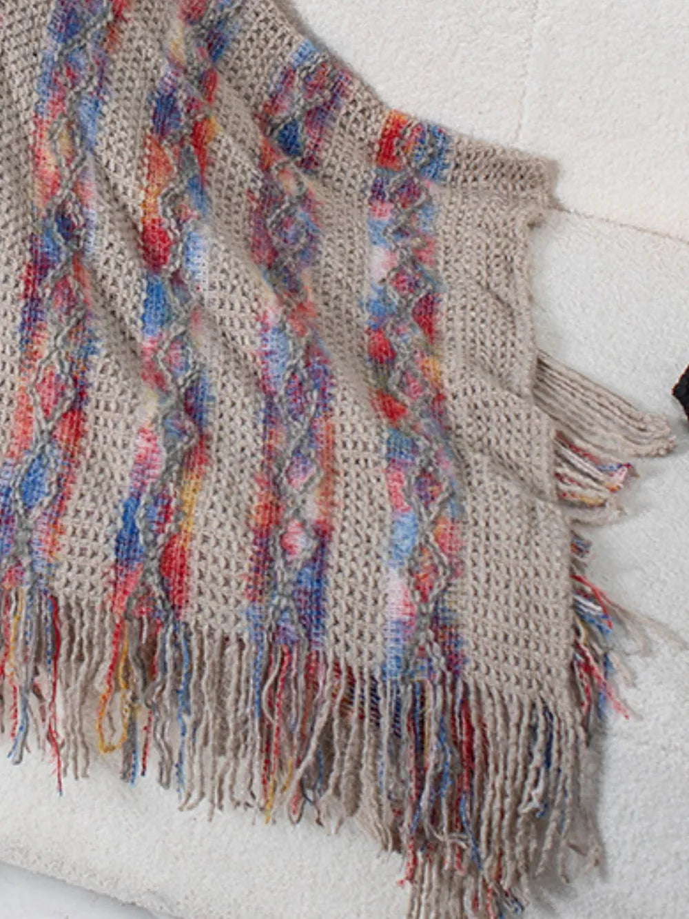 Fringe Contrast Hooded Poncho -Cozy and Stylish Outerwear with Boho Flair - FITzzE rghbeu-b4.myshopify.com Fringe Contrast Hooded Poncho -Cozy and Stylish Outerwear with Boho Flair