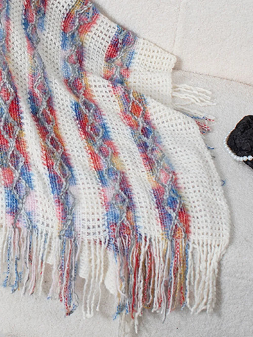 Fringe Contrast Hooded Poncho -Cozy and Stylish Outerwear with Boho Flair - FITzzE rghbeu-b4.myshopify.com Fringe Contrast Hooded Poncho -Cozy and Stylish Outerwear with Boho Flair