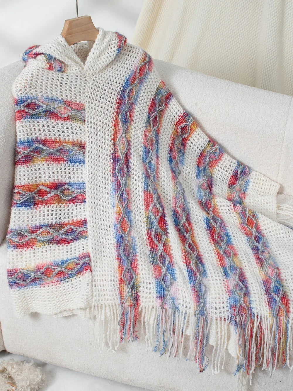 Fringe Contrast Hooded Poncho -Cozy and Stylish Outerwear with Boho Flair - FITzzE rghbeu-b4.myshopify.com Fringe Contrast Hooded Poncho -Cozy and Stylish Outerwear with Boho Flair