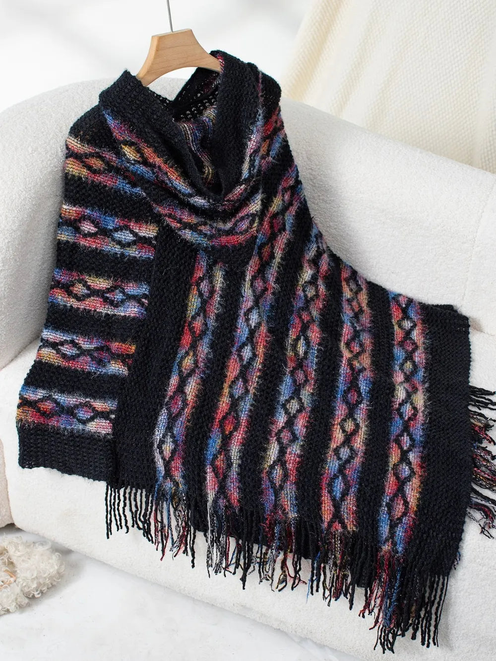 Fringe Contrast Hooded Poncho -Cozy and Stylish Outerwear with Boho Flair - FITzzE rghbeu-b4.myshopify.com Fringe Contrast Hooded Poncho -Cozy and Stylish Outerwear with Boho Flair