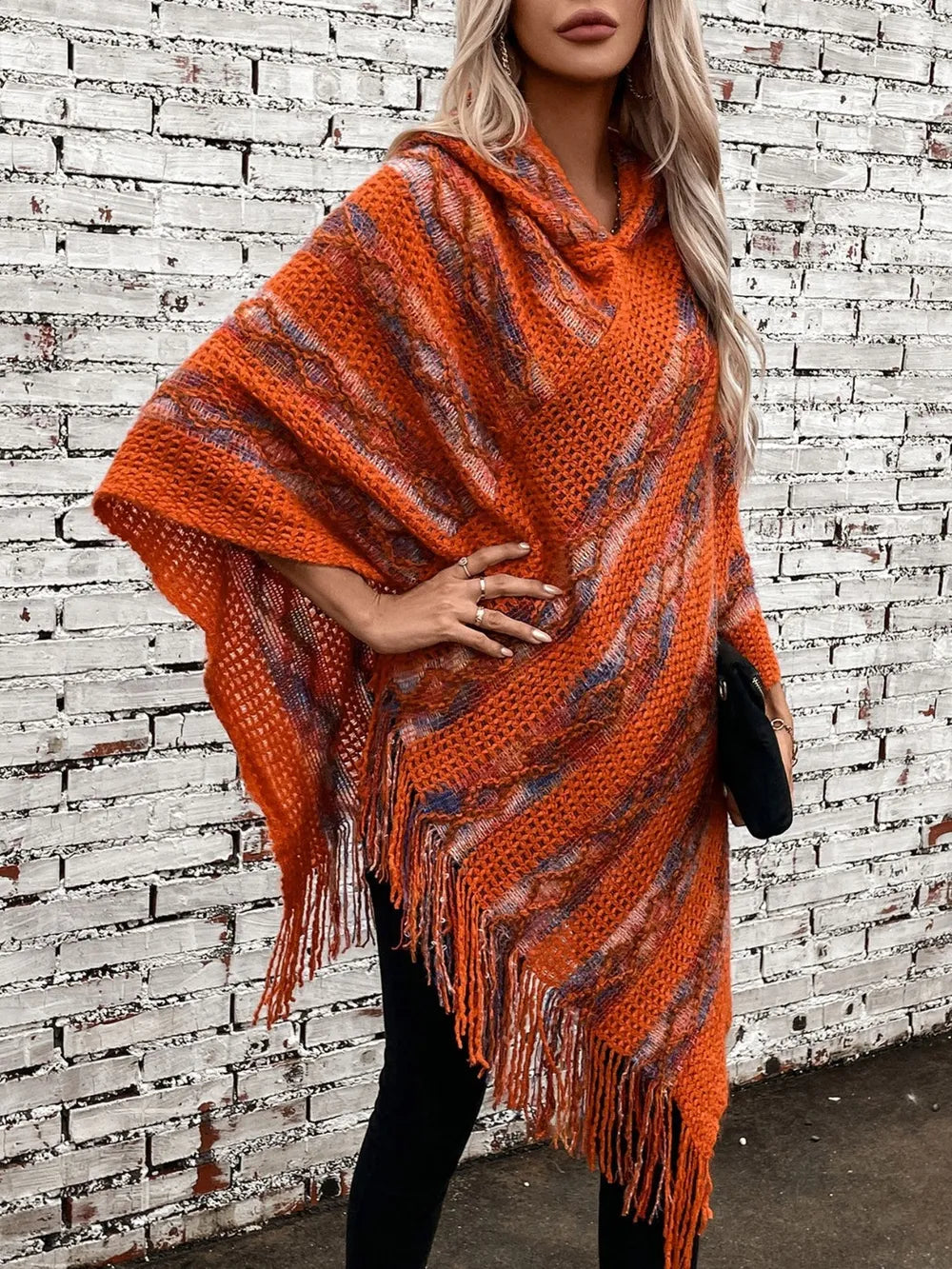 Fringe Contrast Hooded Poncho -Cozy and Stylish Outerwear with Boho Flair - FITzzE rghbeu-b4.myshopify.com Fringe Contrast Hooded Poncho -Cozy and Stylish Outerwear with Boho Flair