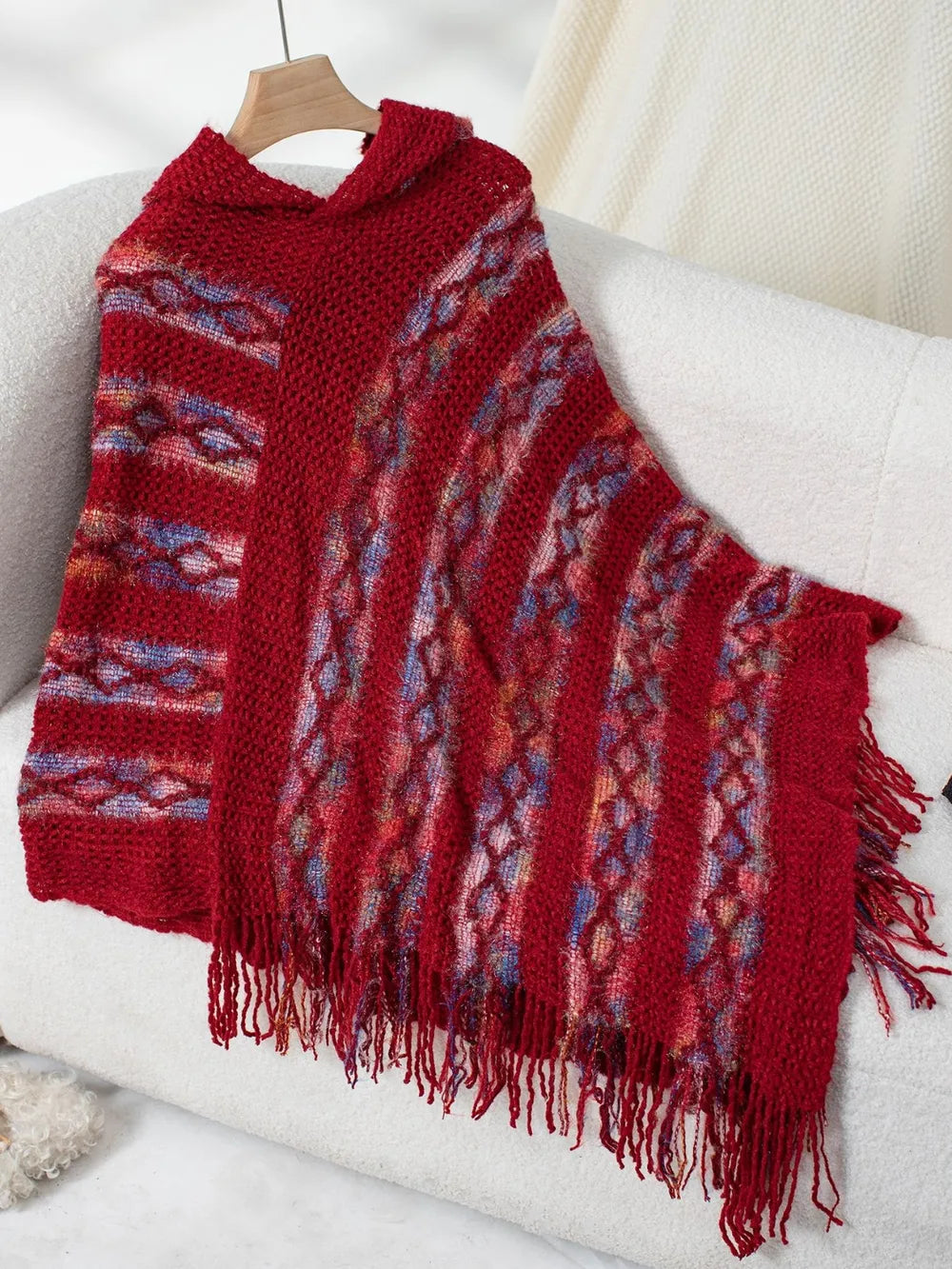 Fringe Contrast Hooded Poncho -Cozy and Stylish Outerwear with Boho Flair - FITzzE rghbeu-b4.myshopify.com Fringe Contrast Hooded Poncho -Cozy and Stylish Outerwear with Boho Flair