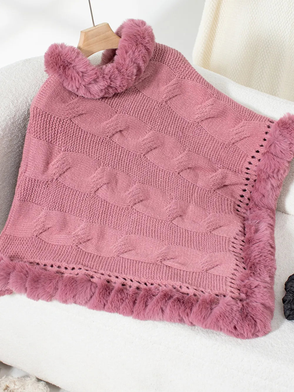 Fuzzy Hem Cable-Knit Poncho - FITzzE rghbeu-b4.myshopify.com Fuzzy Hem Cable-Knit Poncho
