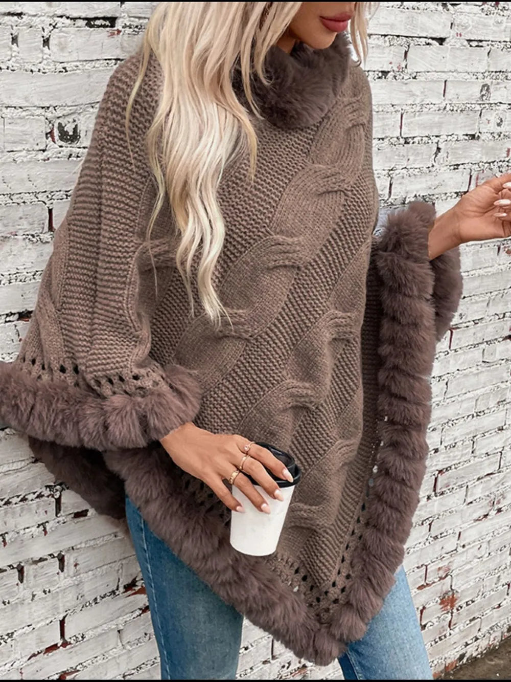 Fuzzy Hem Cable-Knit Poncho - FITzzE rghbeu-b4.myshopify.com Fuzzy Hem Cable-Knit Poncho