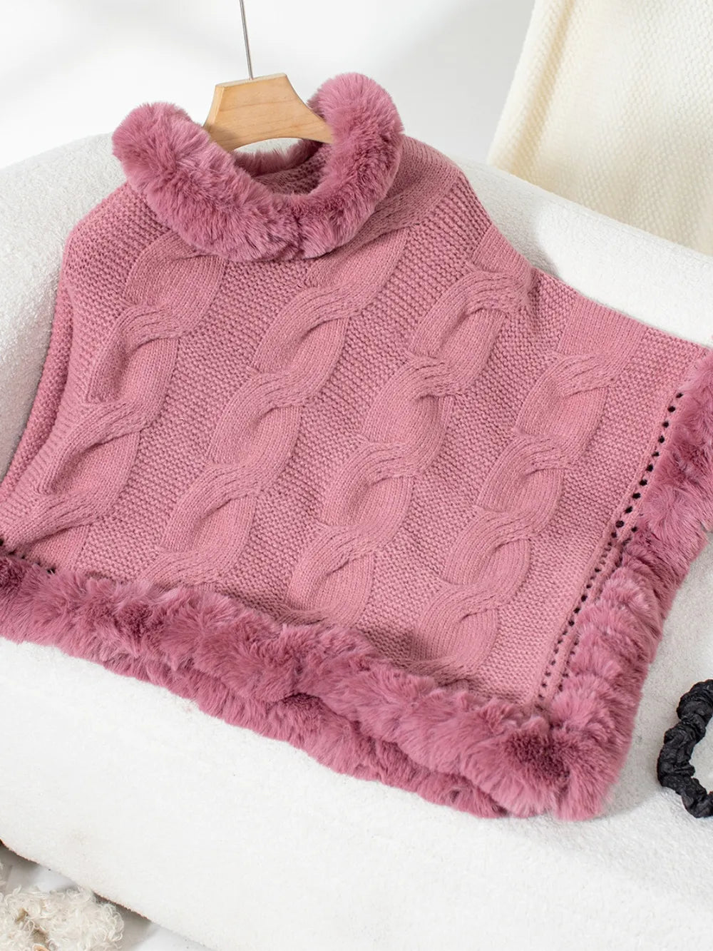 Fuzzy Hem Cable-Knit Poncho - FITzzE rghbeu-b4.myshopify.com Fuzzy Hem Cable-Knit Poncho