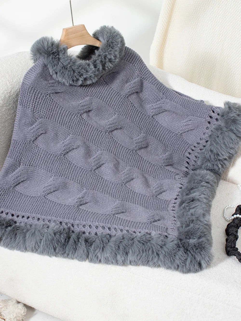 Fuzzy Hem Cable-Knit Poncho - FITzzE rghbeu-b4.myshopify.com Fuzzy Hem Cable-Knit Poncho
