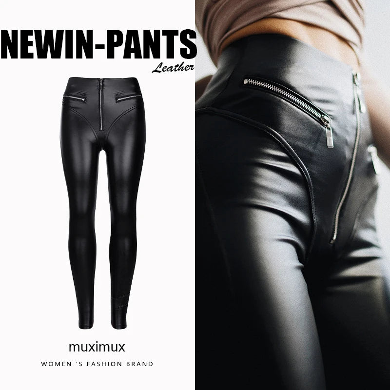 Women Winter Pencil Pants Capris Spring Sexy Streetwear Solid Black Slim Fit High Waist Sheath Leather Pants - FITzzE