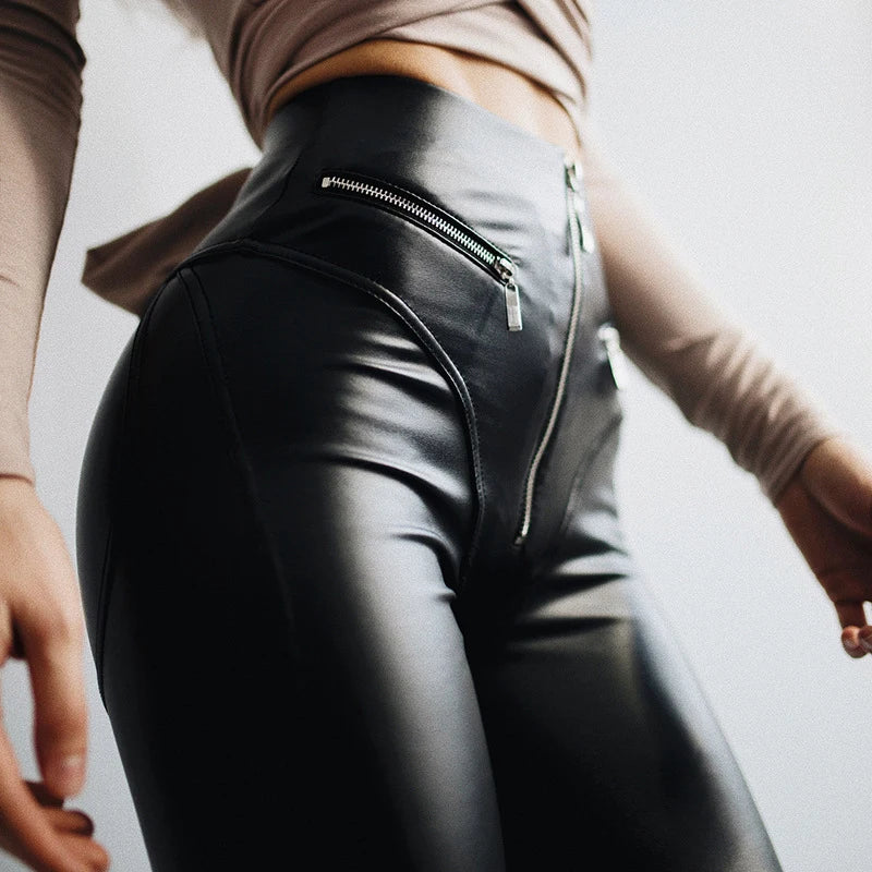 Women Winter Pencil Pants Capris Spring Sexy Streetwear Solid Black Slim Fit High Waist Sheath Leather Pants - FITzzE