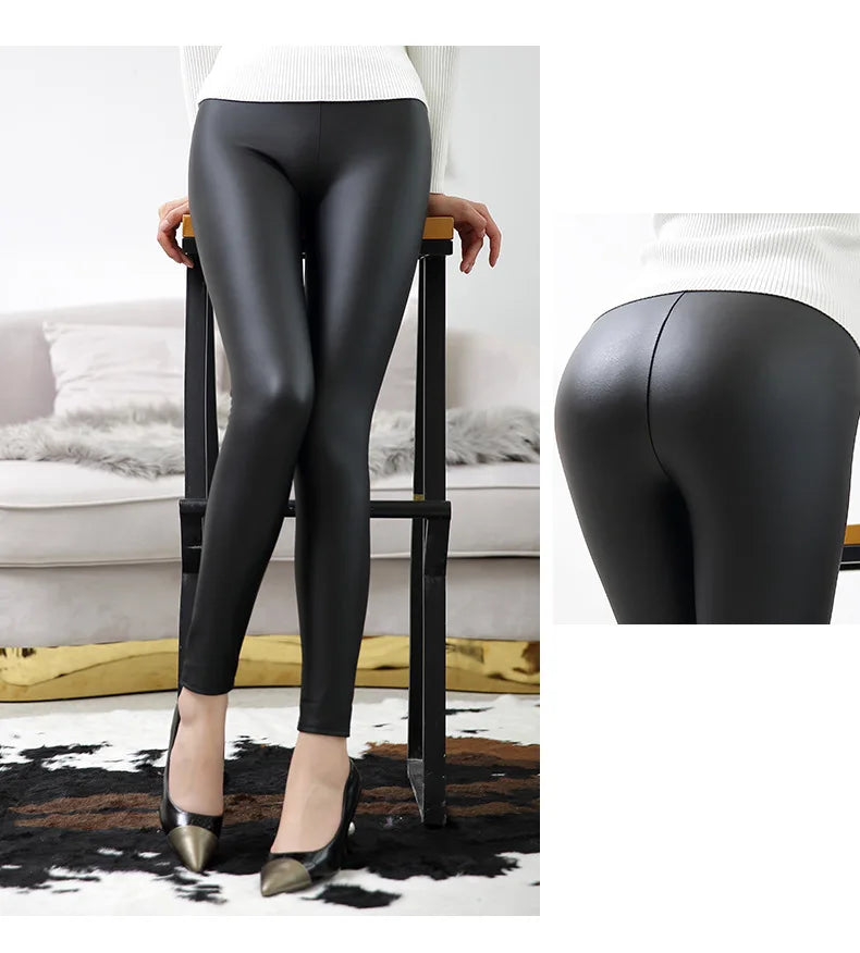 Everbellus High Waist Leather Leggings for Women Black Light&Matt Thin&Thick Femme Fitness PU Leggings Sexy Push Up Slim Pants - FITzzE