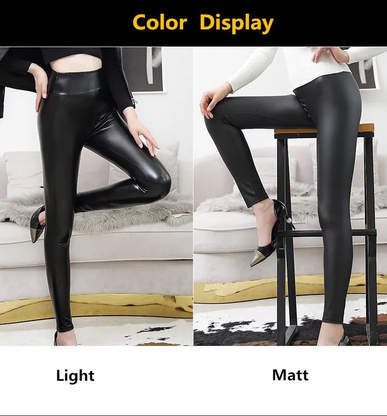 Everbellus High Waist Leather Leggings for Women Black Light&Matt Thin&Thick Femme Fitness PU Leggings Sexy Push Up Slim Pants - FITzzE