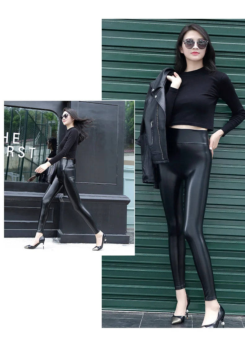 Everbellus High Waist Leather Leggings for Women Black Light&Matt Thin&Thick Femme Fitness PU Leggings Sexy Push Up Slim Pants - FITzzE