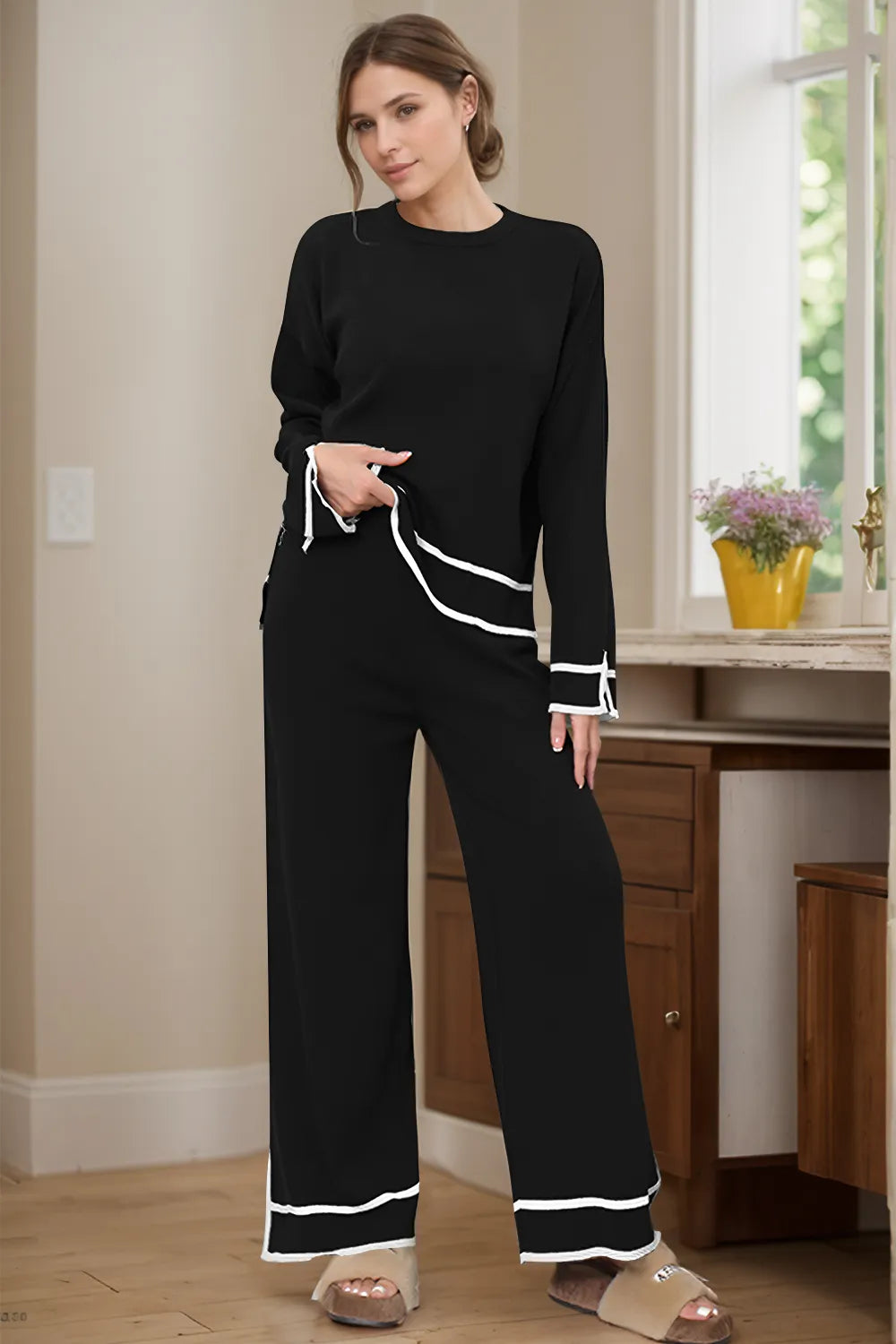 High-Low Round Neck Top and Pants Sweater Set - FITzzE rghbeu-b4.myshopify.com High-Low Round Neck Top and Pants Sweater Set