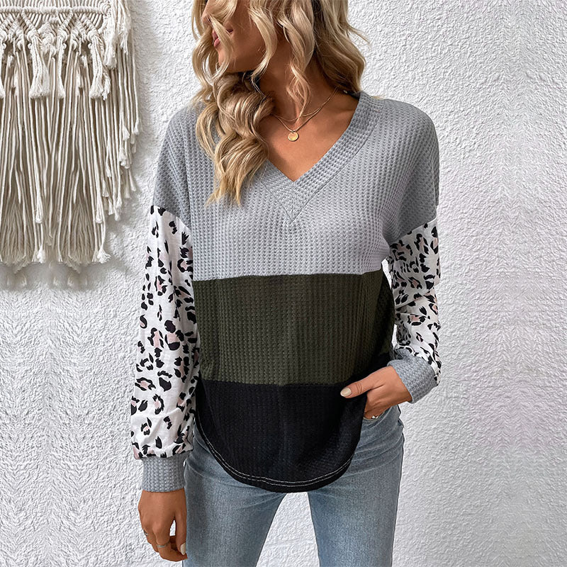 New Casual Fashion Top Long Sleeve V-Neck Leopard Print Contrast Knit Sweater - FITzzE rghbeu-b4.myshopify.com New Casual Fashion Top Long Sleeve V-Neck Leopard Print Contrast Knit Sweater