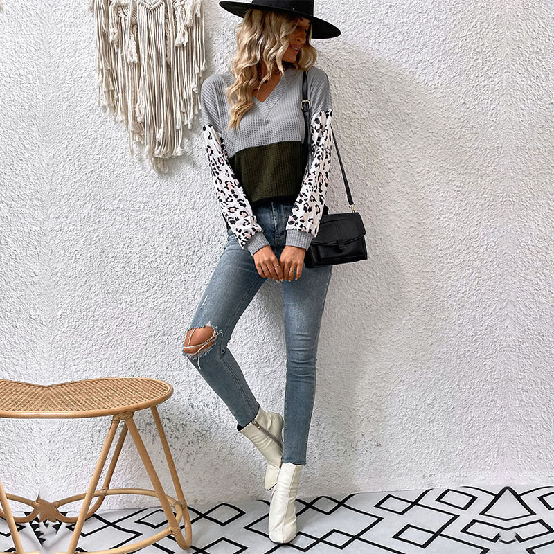 New Casual Fashion Top Long Sleeve V-Neck Leopard Print Contrast Knit Sweater - FITzzE rghbeu-b4.myshopify.com New Casual Fashion Top Long Sleeve V-Neck Leopard Print Contrast Knit Sweater
